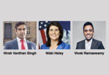 Collage featuring headshots of Nikki Haley, Vivek Ramaswamy, and Hirsh Vardhan Singh. The three Indian-American leaders competing for the 2024 US Republican presidential nomination.