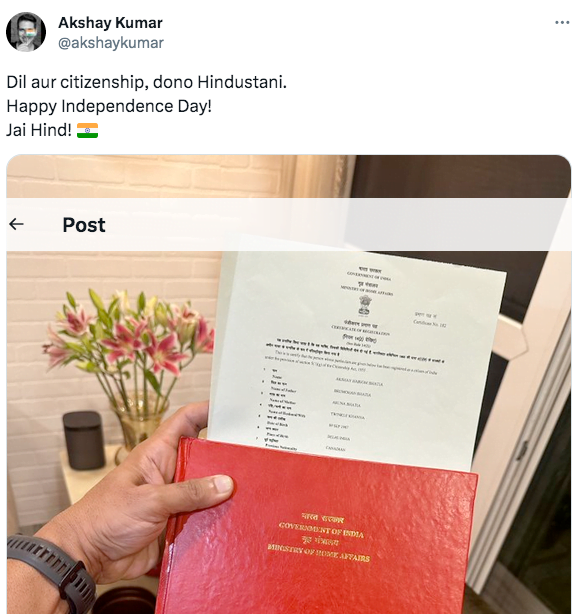 Screen shot of twitter handle of Akshay Kumar announcing about his Indian Citizenship