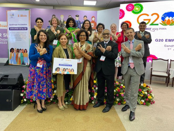 Geeta Rao Gupta in the center, surrounded by colleagues from US AID Gender, US Embassy in Mumbai, and representatives from Gap Inc. at the #G20EMPOWER event.