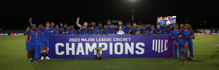 Team MI New York celebrating their victory in the inaugural Major League Cricket final, displaying jubilation and lifting the championship trophy.